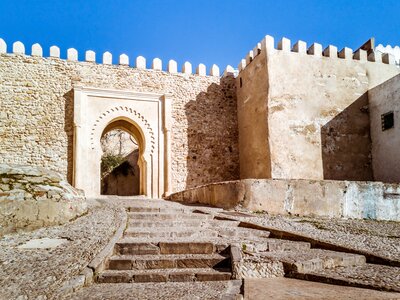 Bending stone stairway leading up to Tangier Kasbah entrance gate, Morocco, Africa