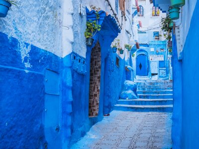 Blue painted street alleyway, Chefchaouen medina blue city of Morocco, Africa