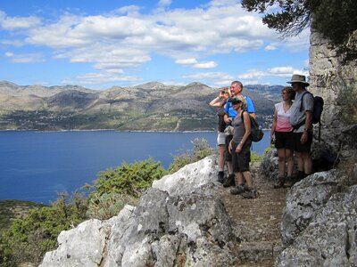 Ramble Worldwide walking holiday group admiring view on the Elafiti Island of Lopud, Croatia